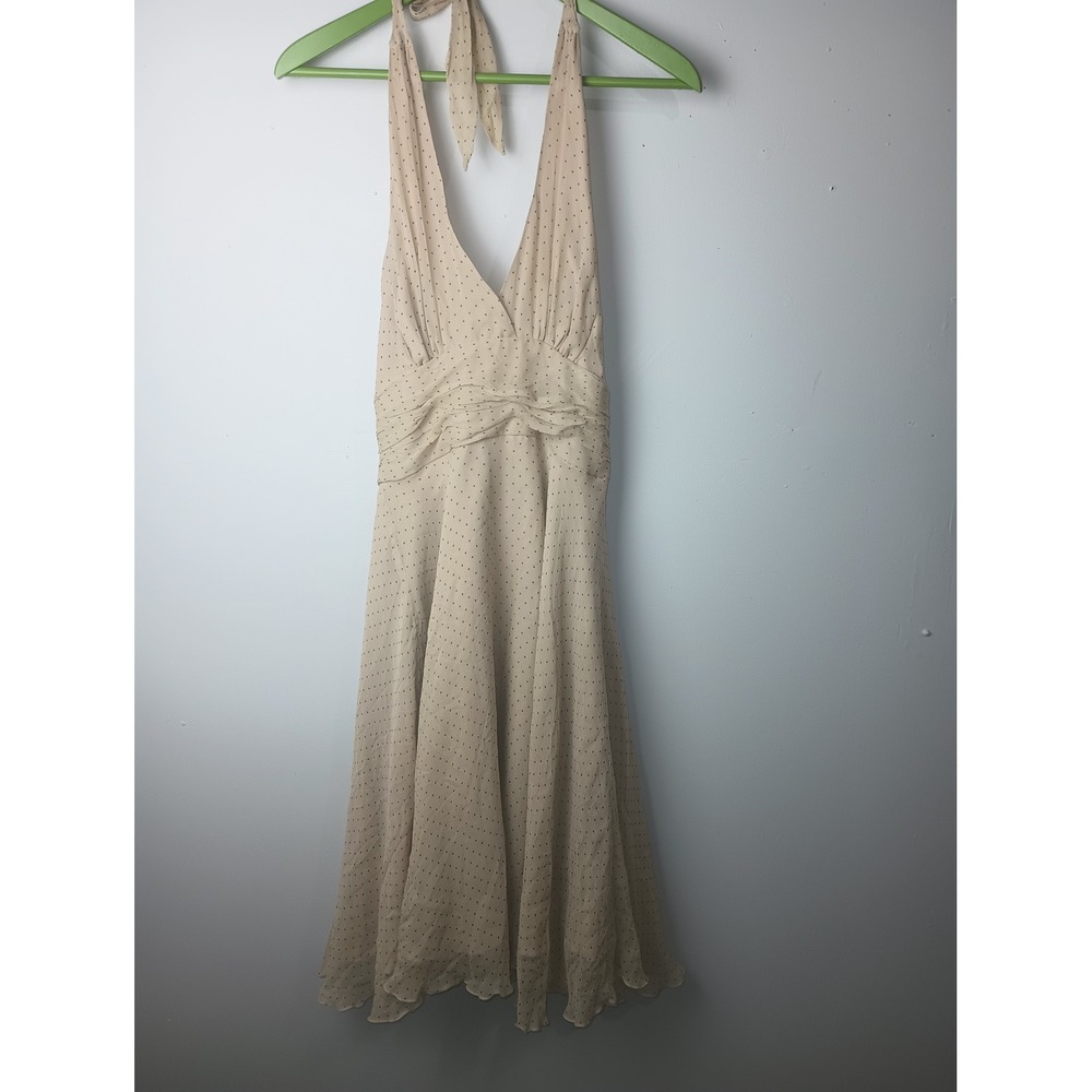 Mixit Vintage Y2K Silk Halter Dress Polka Dot Ruched Midi Beige Tan Size 6